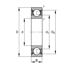 深沟球轴承 6200-2Z, 根据 DIN 625-1 标准的主要尺寸, 两侧间隙密封