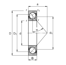 角接触球轴承 7201-B-TVP, 根据 DIN 628-1 标准的主要尺寸，接触角 α = 40°