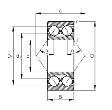 角接触球轴承 3322-M, 根据 DIN 628-3 标准的主要尺寸，双列，带填球槽，接触角 α = 35°