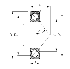 角接触球轴承 7203-B-2RS-TVP, 根据 DIN 628-1 标准的主要尺寸，接触角 α = 40°，两侧唇密封